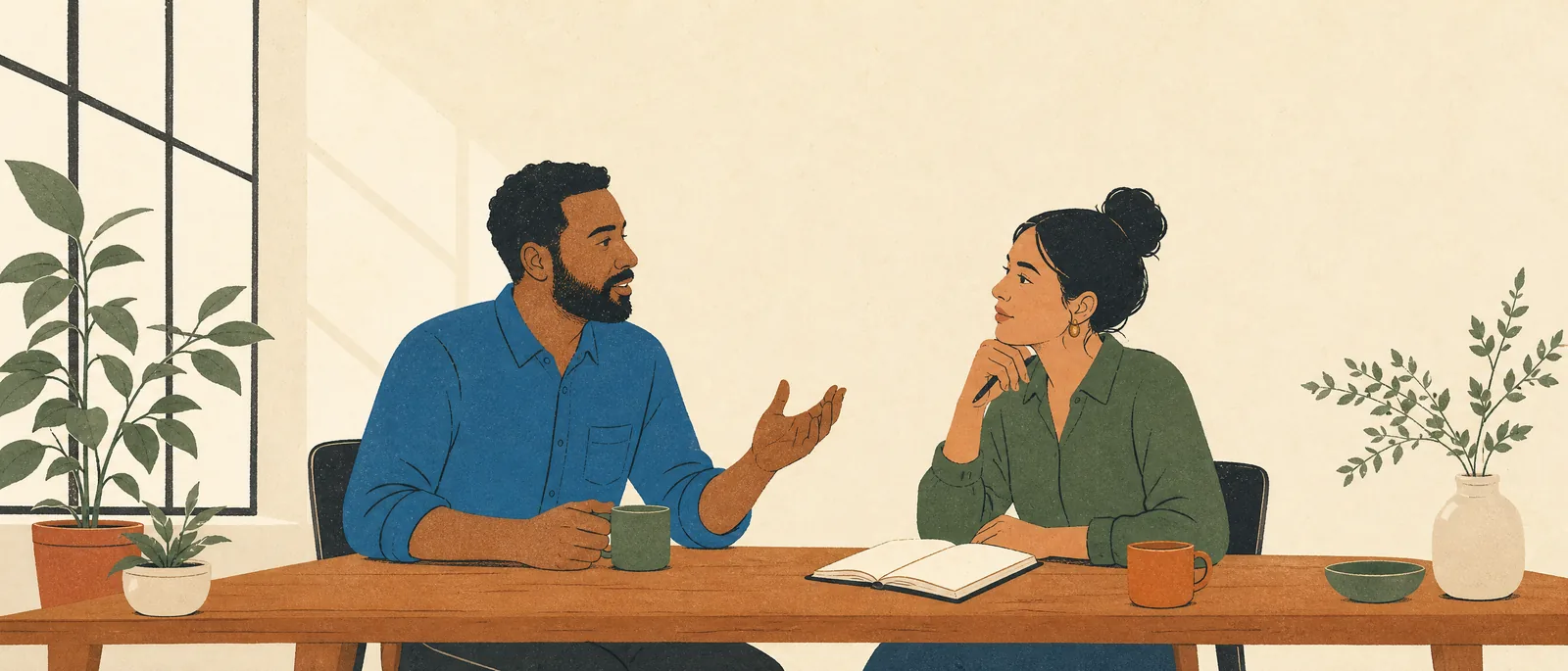 Illustration of two colleagues in a calm, attentive conversation at a table by a bright window