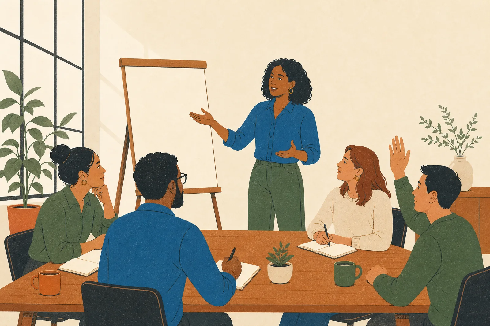 Illustration of a facilitator leading a small workshop while participants take notes and one raises a hand