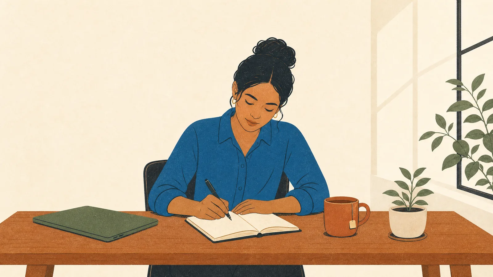 Illustration of a person thoughtfully writing a note at a tidy desk by a window